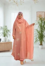 Elegant Korean crepe tissue gown with a diamond georgette inner layer, a veil, and a hijab.