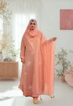 Elegant Korean crepe tissue gown with a diamond georgette inner layer, a veil, and a hijab.