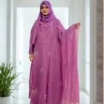 Elegant Korean crepe tissue gown with a diamond georgette inner layer, a veil, and a hijab.