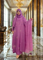Elegant Korean crepe tissue gown with a diamond georgette inner layer, a veil, and a hijab.