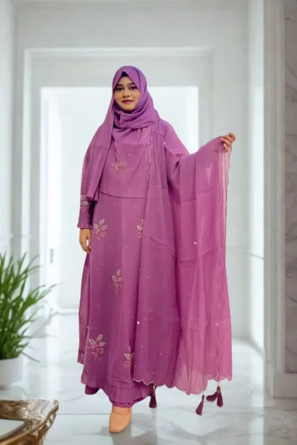 Best Stylish Abaya Borka Hijab Gown Online Shop Clothing Store in BD 2 Elegant Korean crepe tissue gown with a diamond georgette inner layer, a veil, and a hijab.