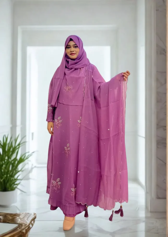Elegant Korean crepe tissue gown with a diamond georgette inner layer, a veil, and a hijab.