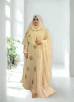 Stylish modest gown with matching veil and hijab in a high-quality fabric collection.