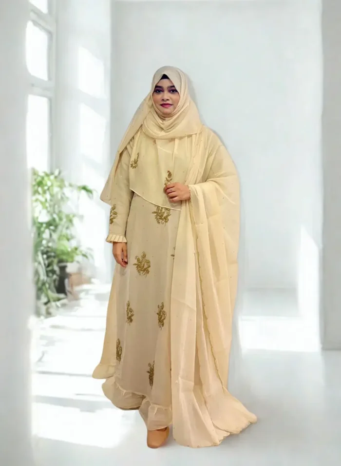 Stylish modest gown with matching veil and hijab in a high-quality fabric collection.