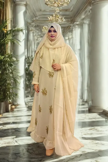 Best Stylish Abaya Borka Hijab Gown Online Shop Clothing Store in BD 5 Stylish modest gown with matching veil and hijab in a high-quality fabric collection.