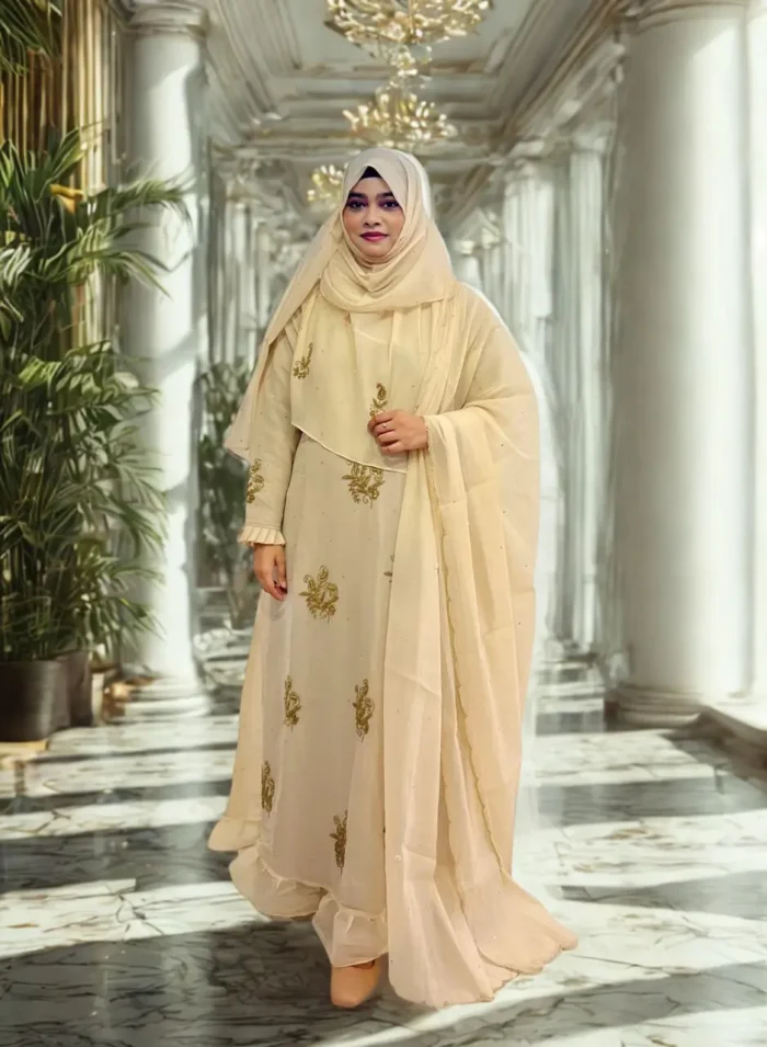 Stylish modest gown with matching veil and hijab in a high-quality fabric collection.