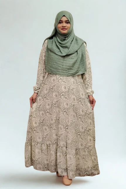 Lightweight double part gown with long frill hem, perfect for casual wear.