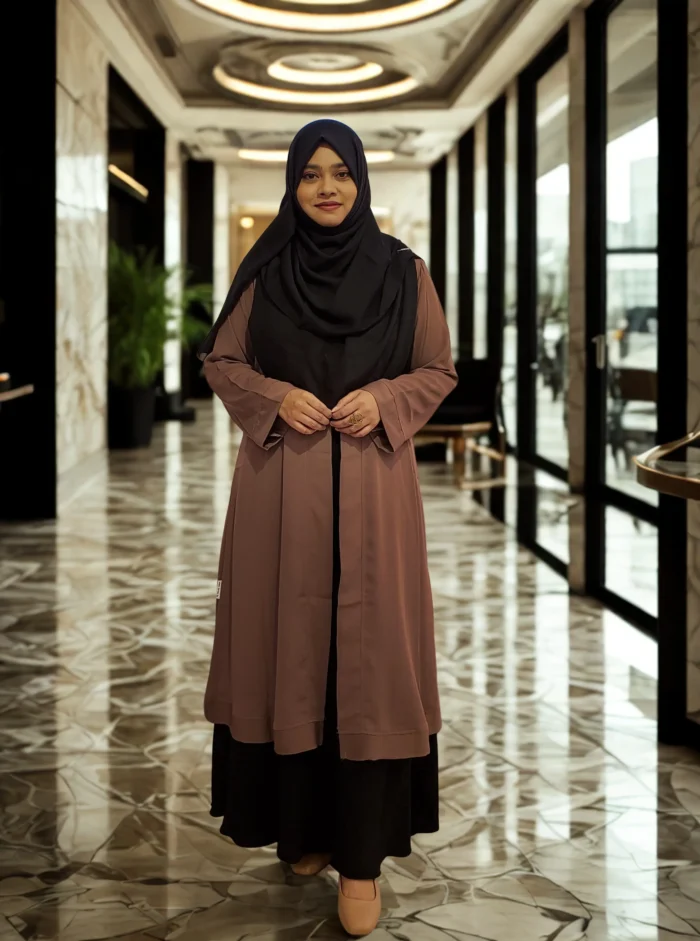 Coat-style kimono made with non-transparent Dubai cherry georgette, border design with front button closure for modest wear