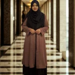 Coat-style kimono made with non-transparent Dubai cherry georgette, border design with front button closure for modest wear