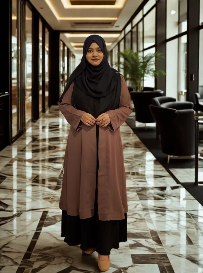 Coat-style kimono made with non-transparent Dubai cherry georgette, border design with front button closure for modest wear