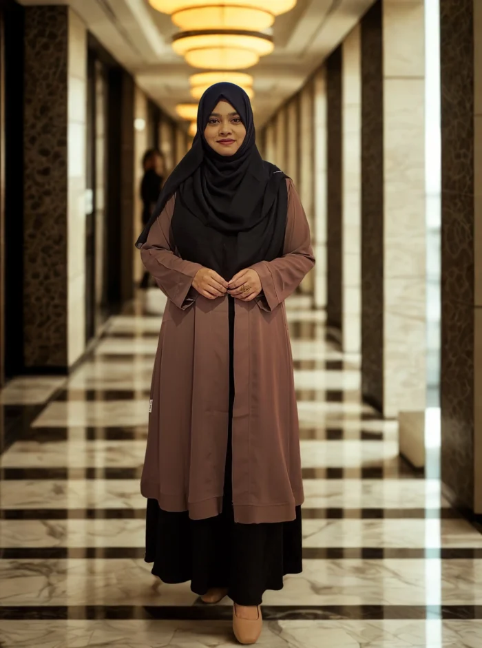 Coat-style kimono made with non-transparent Dubai cherry georgette, border design with front button closure for modest wear