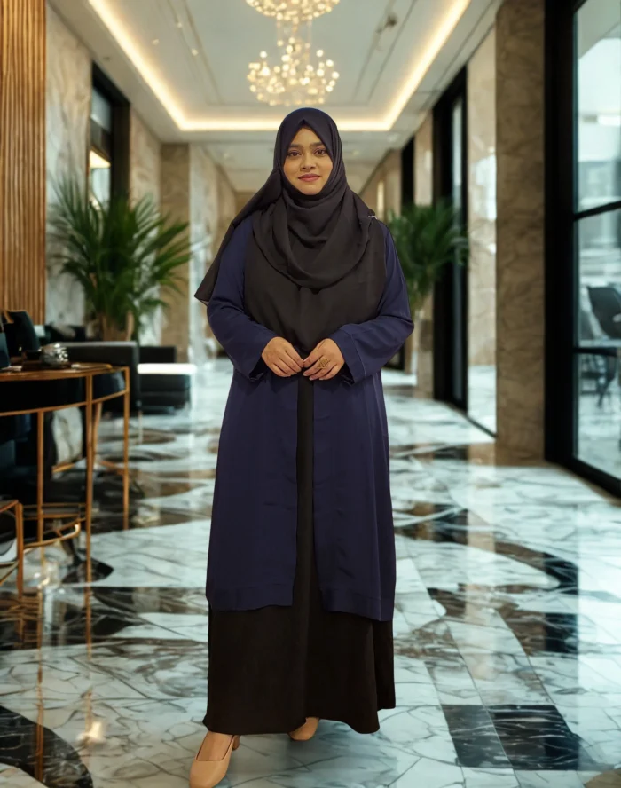 "Elegant modest coat-style kimono for women, soft Dubai cherry georgette with bordered detailing and buttoned front"