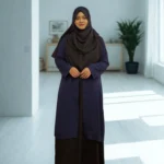 "Elegant modest coat-style kimono for women, soft Dubai cherry georgette with bordered detailing and buttoned front"