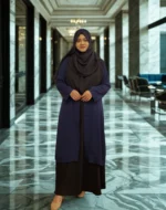 "Elegant modest coat-style kimono for women, soft Dubai cherry georgette with bordered detailing and buttoned front"