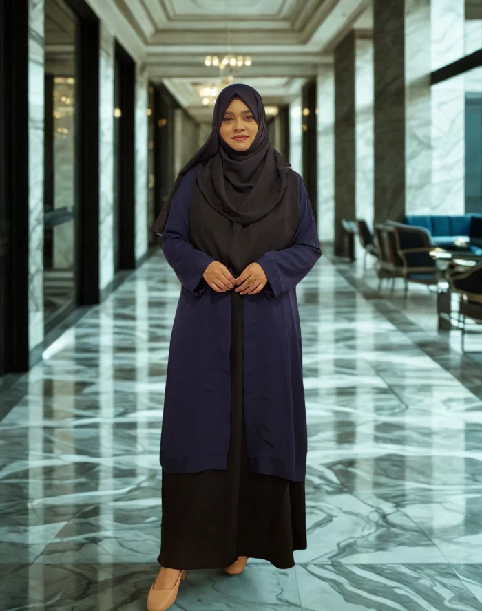 "Elegant modest coat-style kimono for women, soft Dubai cherry georgette with bordered detailing and buttoned front"