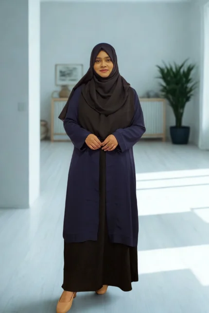 Best Stylish Abaya Borka Hijab Gown Online Shop Clothing Store in BD 10 "Elegant modest coat-style kimono for women, soft Dubai cherry georgette with bordered detailing and buttoned front"