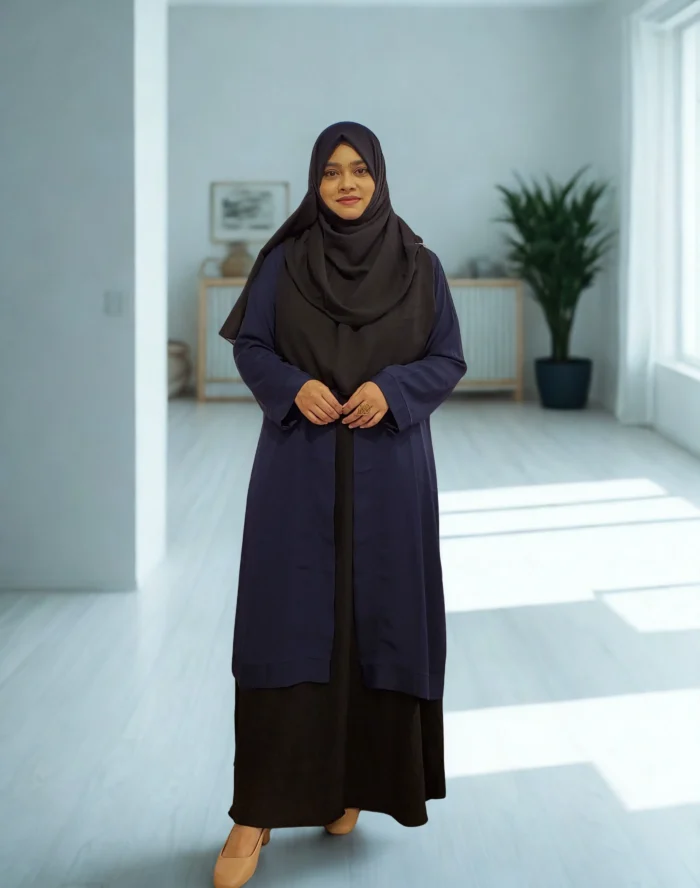 "Elegant modest coat-style kimono for women, soft Dubai cherry georgette with bordered detailing and buttoned front"