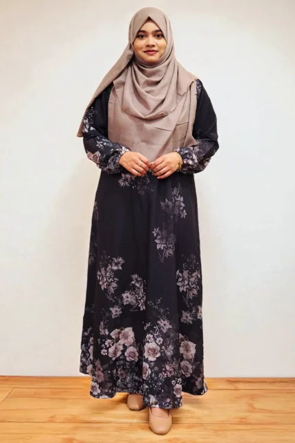 A new dress made of soft imported Dubai silk fabric borkha in one piece, showcasing prints all over—on top, bottom, and sleeves—made with a seamless single-cut technique and designed with elasticated sleeves for a snug, cool, summer-friendly fit.