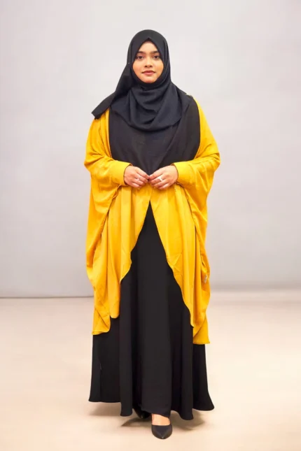 Beautiful, non transparent,yellow friendly cape of Dubai cherry fabric, one size that fits all and perfect for everyday, modest attire.