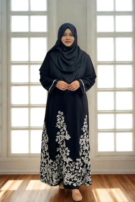 Elegant black embroidery burka design made from soft, non-transparent fabric