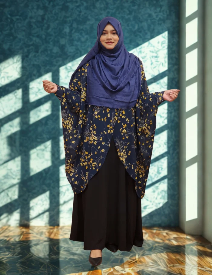 A printed-friendly cape made out of soft transparent georgette, with soft elegant prints on the front and a locked side profile, free-size for a comfy wear on daily grounds considerations.