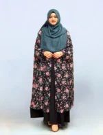 This lovely new fusion cape has been expertly made from soft transparent georgette fabric, and features a front-open khimar cut and frilled hem — ideal for layering with a kameez, inner or saree.