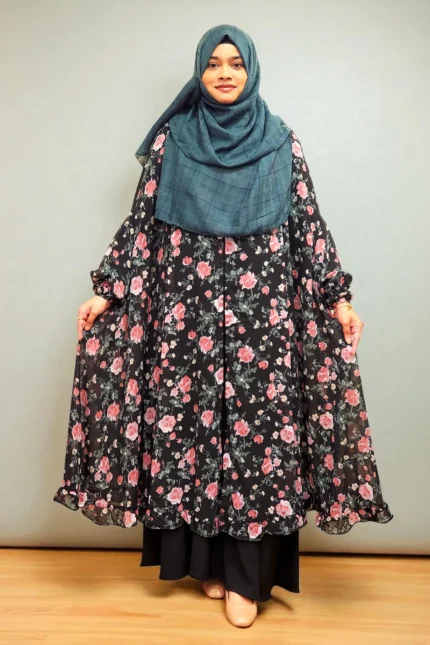 Cart - Abaya and Gown 1 This new fusion cape is elegantly designed for women, made from soft transparent georgette material, with a front-open khimar-shaped design and frilled hem. This cape is made perfect for layering with kameez, inner, or saree.