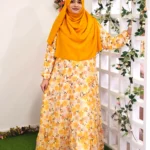 Elegant double part summer gown with beautiful print, one-piece design without waist band, flowy frill bottom and light fabric.