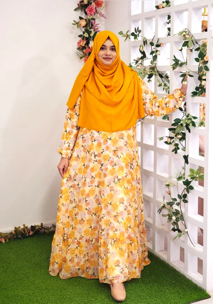 Elegant double part summer gown with beautiful print, one-piece design without waist band, flowy frill bottom and light fabric.