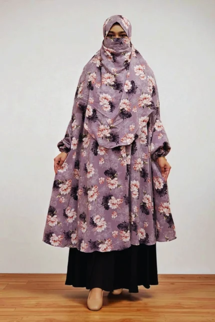 Available in exclusive prints and a single color, this summer-friendly Alex material khimar is non-transparent, free-size, lightweight, and comfortable for all-day wear. It also has an integrated niqab attachment.