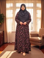 অস্বচ্ছ নরম অ্যালেক্স কাপড় দিয়ে তৈরি মুদ্রিত বোরখা। ডান দিকে একটি পকেট আছে।