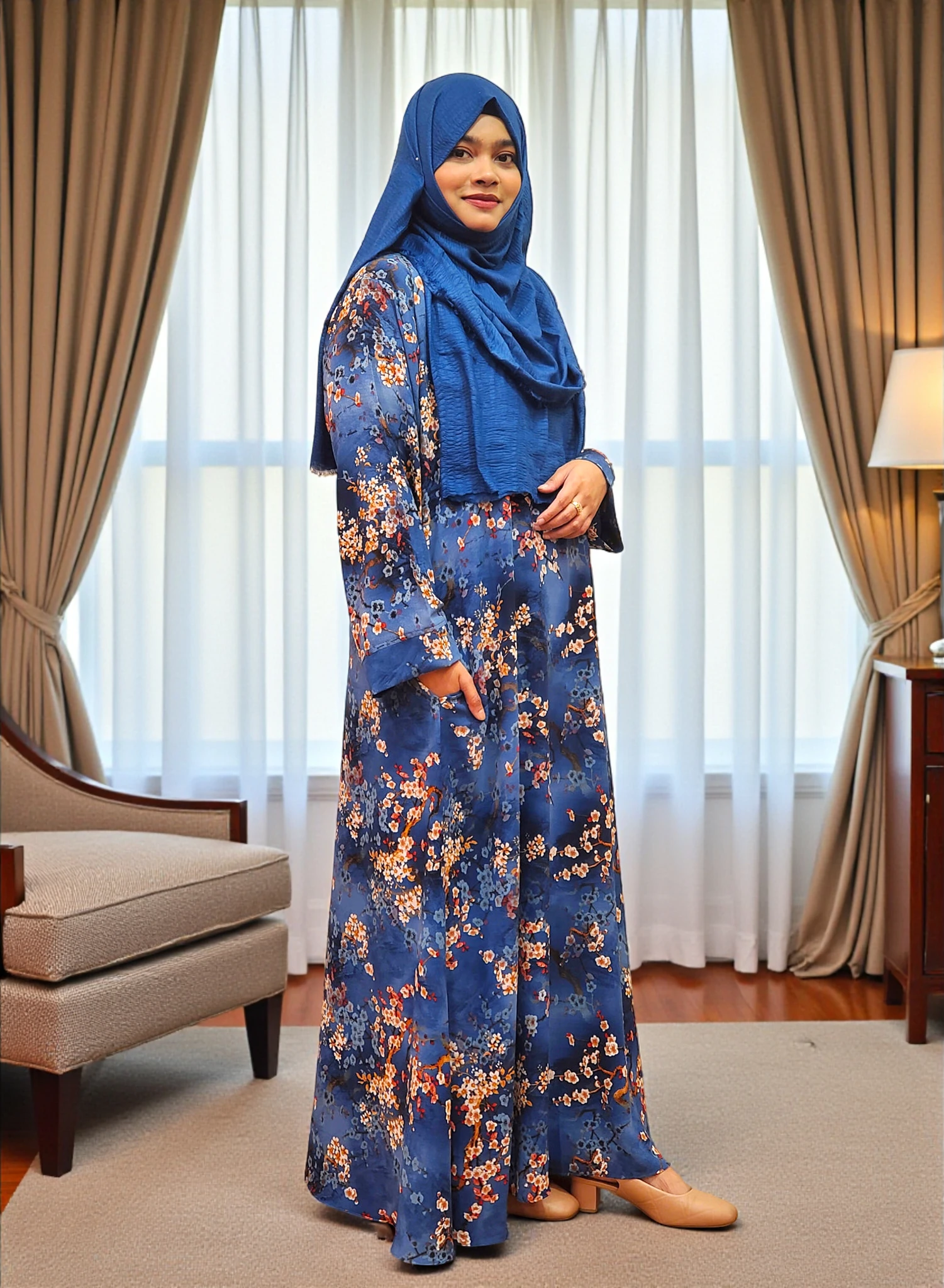 AMB 1476 নরম অ্যালেক্স কাপড় দিয়ে তৈরি অস্বচ্ছ মুদ্রিত বোরখা। ডানদিকে একটি পকেট। - Image 1