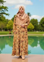 Women’s one-part borkha with right-side pocket in soft Alex fabrics with printed design.