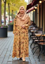 Women’s one-part borkha with right-side pocket in soft Alex fabrics with printed design.