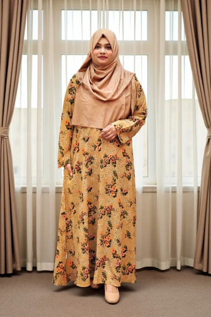 Women’s one-part borkha with right-side pocket in soft Alex fabrics with printed design.