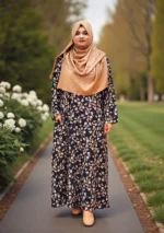 Comfortable printed borkha with right side pocket, non-transparent Alex fabric, sizes available.