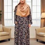 Comfortable printed borkha with right side pocket, non-transparent Alex fabric, sizes available.