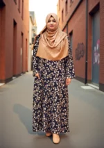 Comfortable printed borkha with right side pocket, non-transparent Alex fabric, sizes available.