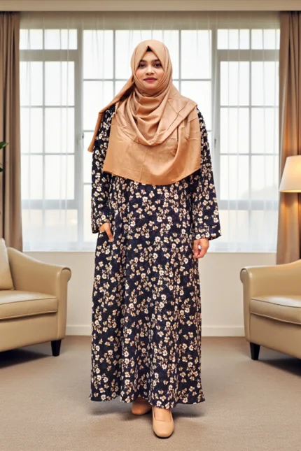 Comfortable printed borkha with right side pocket, non-transparent Alex fabric, sizes available.