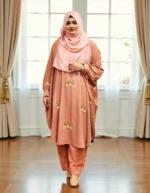 Co-ord dress made of non-transparent soft saffron material, free size