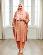 Co-ord dress made of non-transparent soft saffron material, free size - Image 2