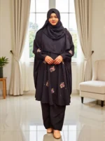 Premium karchupi work cape and pant co-ord set made of soft saffron material.