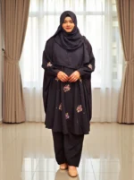 Premium karchupi work cape and pant co-ord set made of soft saffron material.