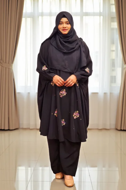 Premium karchupi work cape and pant co-ord set made of soft saffron material.