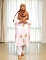 Free size co-ord dress set made of non-transparent soft saffron material - Image 2