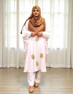 Free size co-ord dress set made of non-transparent soft saffron material