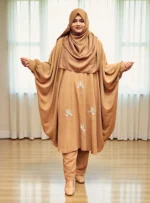 Free size co-ord dress made of non-transparent soft saffron material