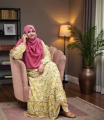 প্রিন্টেড ডাবল পার্ট গাউন। এক কাটে তৈরি। এর নীচে একটি লম্বা ফ্রিল এবং একটি স্লিট রয়েছে। - Image 2