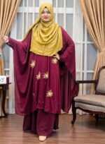 Close-up of intricate Karchupi embroidery on a free-size modest cape সাইড খোলা স্টাইলিশ নন-ট্রান্সপারেন্ট দুবাই চেরি কারচুপি কেপ।