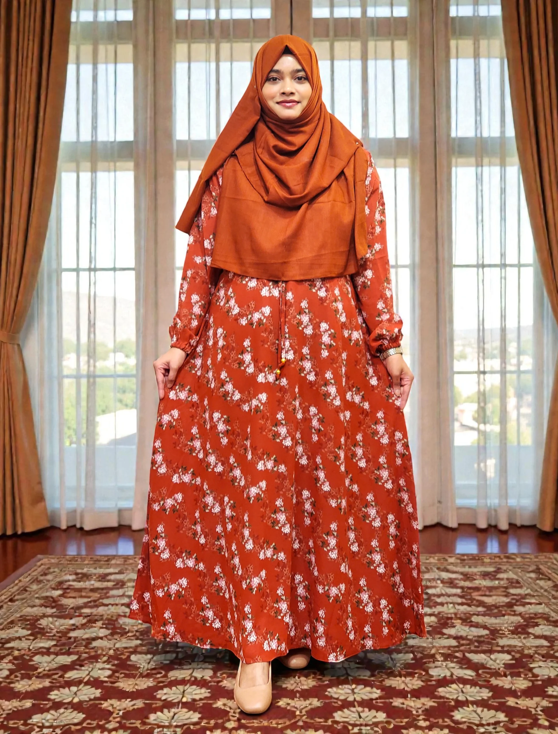 abaya and gown amg 1590 (1) ওয়ান পার্ট প্রিন্টেড গাউন | সামার ফ্রেন্ডলি নন-ট্রান্সপারেন্ট এ্যালেক্স ম্যাটেরিয়ালে বানানো। - Image 1